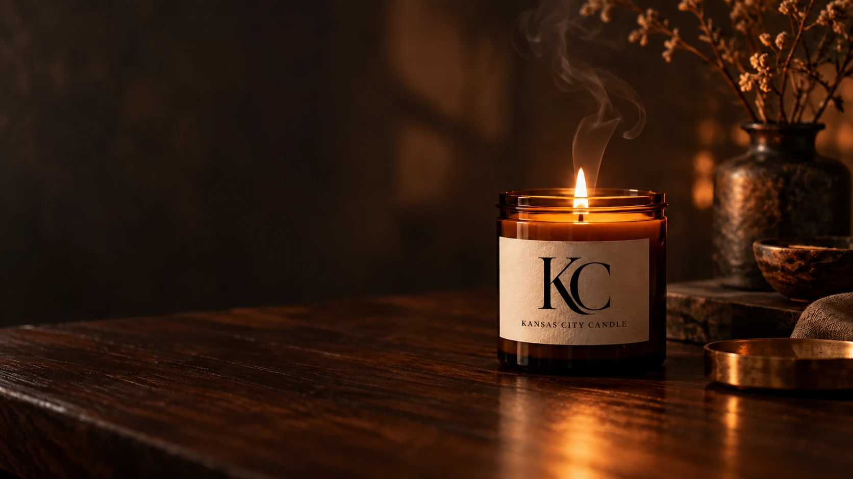 Kansas City Candle logo on a lit amber glass candle